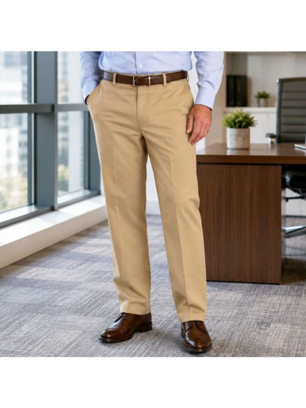 Haggar Mens 40 x 30 " Dress Pants Khaki Relaxed Fit Flat Front Polyester
